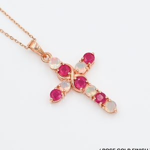 4 MM Round Natural Ruby & Opal Cut Pendant Necklace, 925 Sterling Silver, Holy Cross Pendant, Charm Pendant, October Birthstone Gift For Her