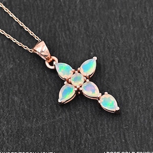 Natural Opal Cut Pendant Necklace, Ethiopian Welo Opal, 925 Sterling Silver, Holy Cross Pendant, October Birthstone, Birthday Gift For Her
