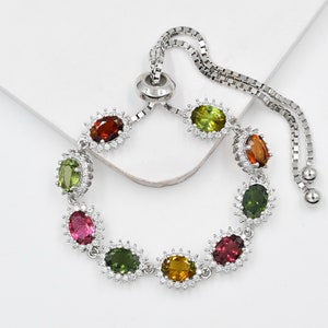 Natural Multi Color Tourmaline Bracelet, 925 Sterling Silver, Tie Chain Bracelet, October Birthstone Bracelet, Gift For Her, Christmas Gift