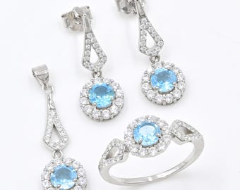 Natural Swiss Blue Topaz Jewelry Set, 925 Sterling Silver, Solitaire Ring, December Birthstone, Dangle Earring, Birthday Gift, Gift For Her