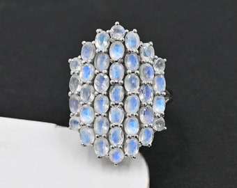 Anillo grande de piedra lunar arcoíris natural, plata de ley 925, piedra natal de junio, anillo de racimo, anillo de propuesta, regalo para novia, regalo para ella