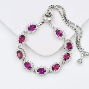925 Sterling Silver, Natural Rhodolite Garnet Bracelet, Bolo Bracelet, January Birthstone, Adjustable Pendant, Christmas Gift, Gift For Her
