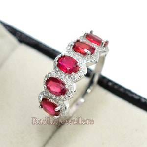 Natural Red Ruby Ring, 925 Sterling Silver, Half Eternity Ring, July Birthstone, Proposal Ring, Cluster Ring, Wedding Ring, Gift For Her
