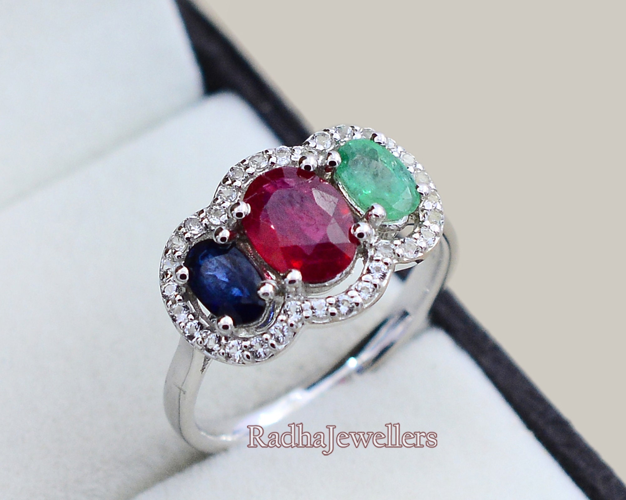 14k Big Sized Ruby Emerald Diamond Cocktail Ring - Gleam Jewels