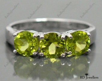 Solid 925 Sterling Silver\ Natural Peridot Ring\ Green Stone Ring\ Three Stone Ring\ Promise Ring\ Women Ring\  Wedding Ring\ Christmas Gift