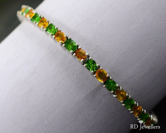 Natural Yellow Sapphire & Tsavorite Green Garnet Bracelet, 925