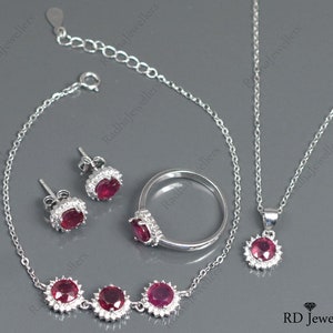 6mm Natural Ruby\ 925 Solid  Silver\ July Birthstone\ Cut Ruby Jewelry Set\ Earring Ring Pendant Necklace Bracelet\ Complete Jewelry Combo