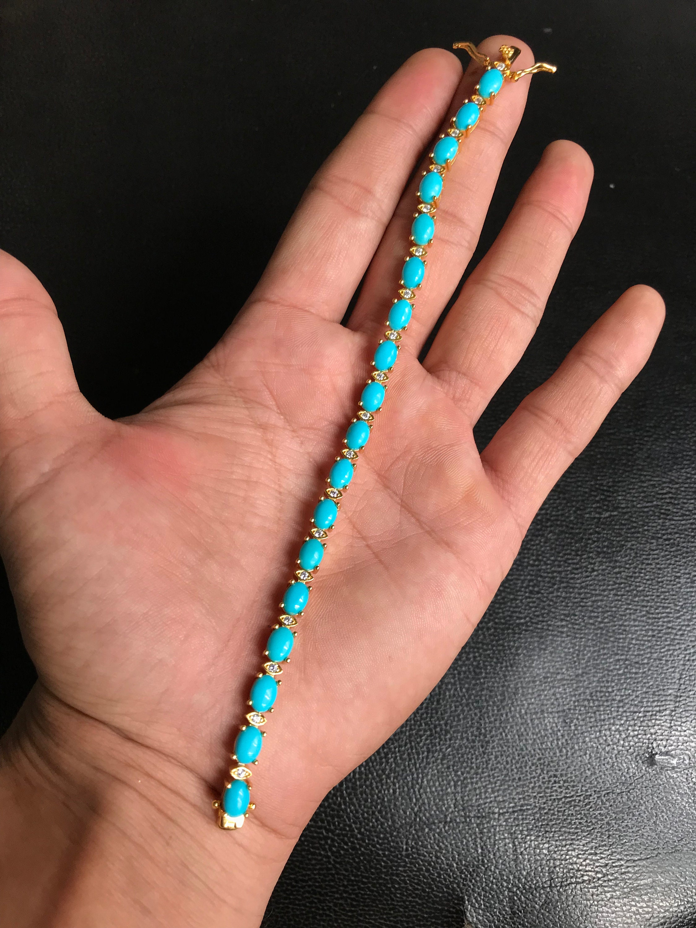 7 x 5 MM 天然ターコイズブレスレット、925 スターリングシルバー