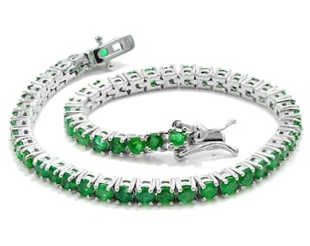 AA+ Quality 3mm Natural Zambian Emerald Bracelet, 925 Sterling Silver, Emerald Tennis Bracelet, May Birthstone Bracelet, Dainty Bracelet