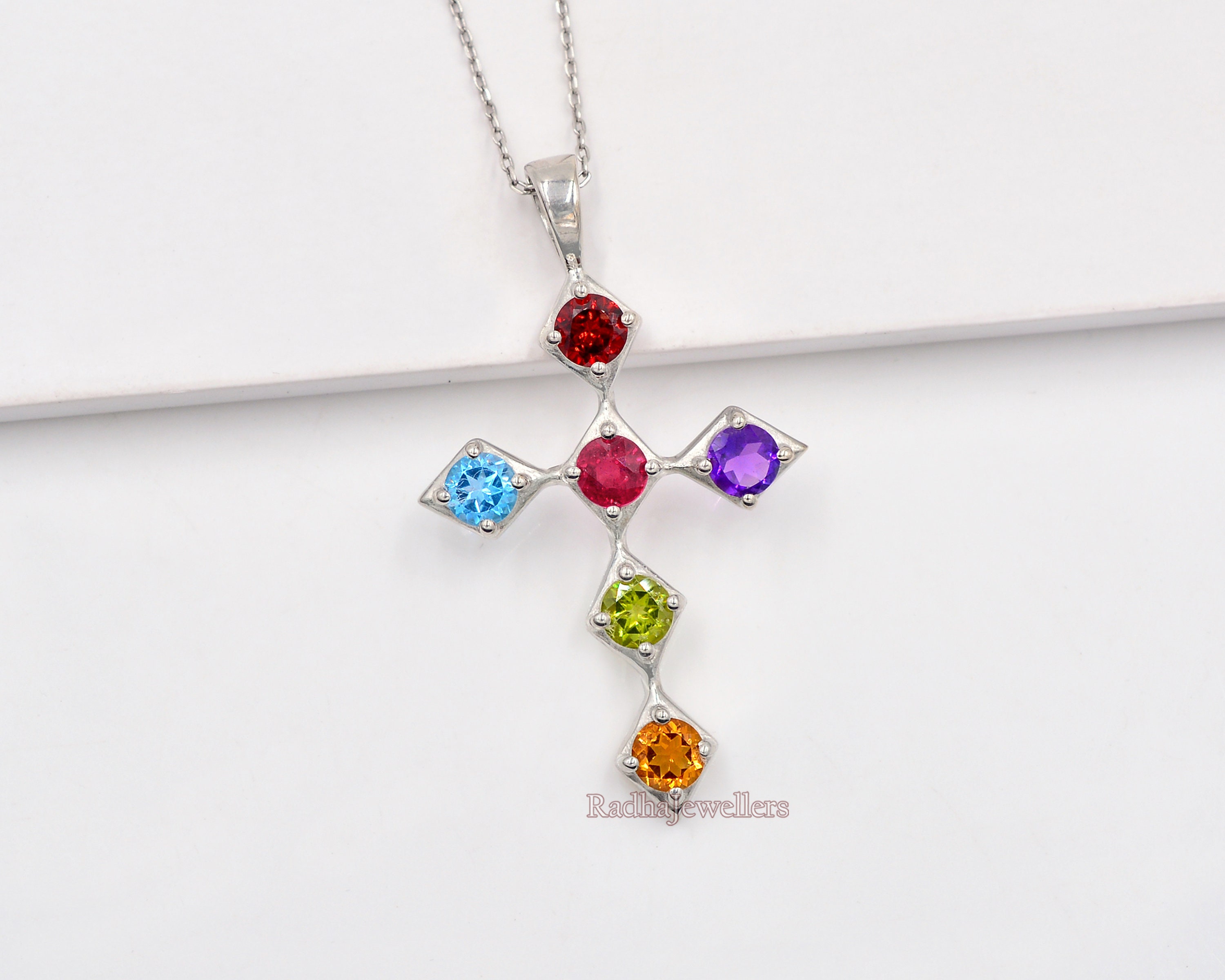 聖十字架ペンダント、天然マルチストーンペンダントネックレス、925