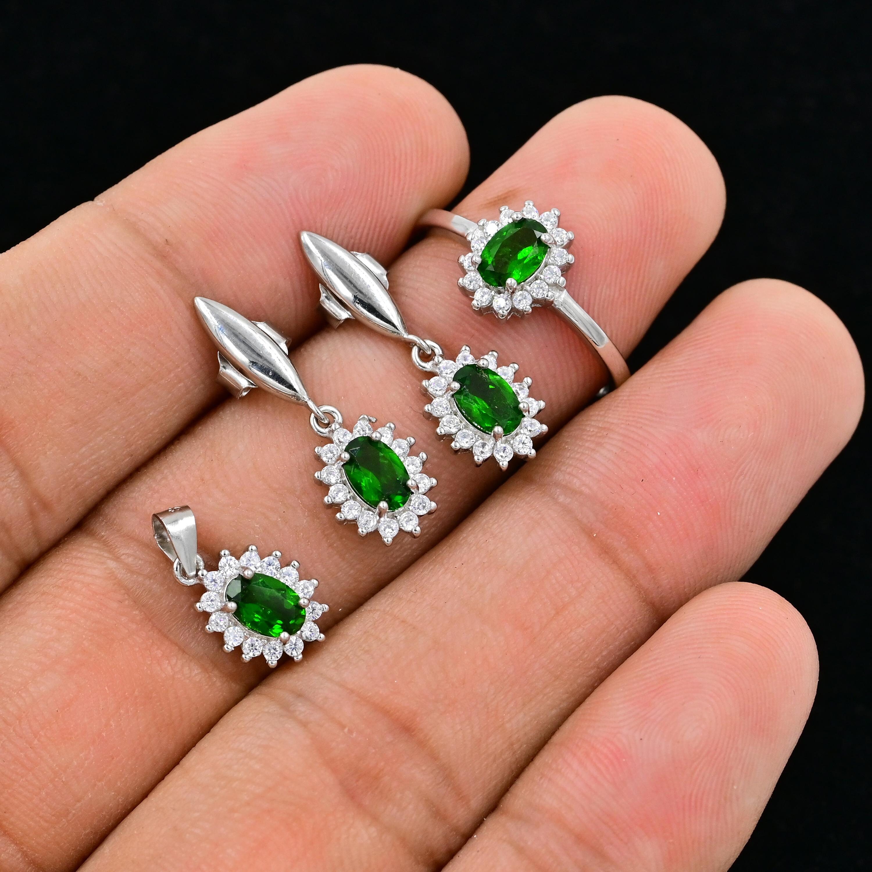 Natural Chrome Diopside Jewelry Set, 925 Sterling Silver, October Birthstone, Ring Earrings Pendant Jewelry Set, Anniversary Gift For Her