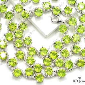 Natural Peridot Chain Necklace, Peridot Tennis Necklace, 925 Sterling Silver, August Birthstone, Round Peridot Necklace, Wedding Necklace