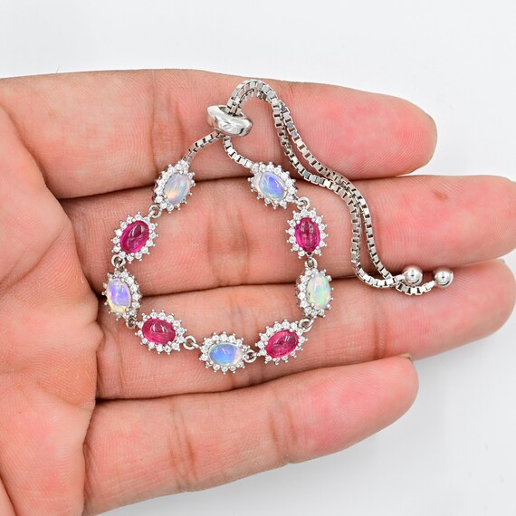 925 Sterling Silver Natural Ruby Opal Bracelet October