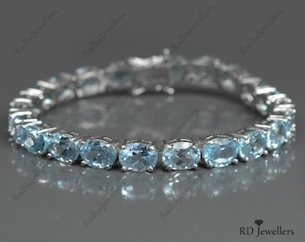Natural Sky Blue Topaz Bracelet, 925 Sterling Silver, Tennis Bracelet, Gemstone Bracelet, Birthstone Bracelet, Gift For Her, Bridal Bracelet