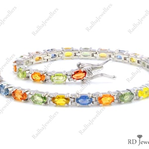 Natürliches Multi Saphir Armband, 925 Sterling Silber, Saphir Tennis Armband, September Geburtsstein, Buntes Armband, Geschenk für Freundin