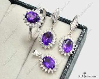 Conjunto de joyas de amatista natural, plata de ley 925, anillo, pendientes, colgante, piedra de nacimiento de febrero, conjunto de joyas de novia, regalo para ella