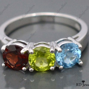 925 Sterling Silver Ring \ Natural Garnet Peridot Swiss Blue Topaz Ring\ Three Stone Ring\ Gemstone Ring\ Multi Color Ring\ Gift For Her