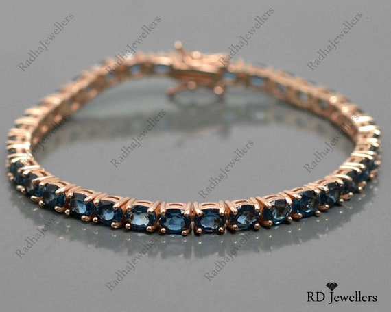 925 Sterling Silver, Natural London Blue Topaz, November Birthstone, Tennis Bracelet, Topaz Bracelet, Blue Topaz Jewelry, Rose Gold Plating