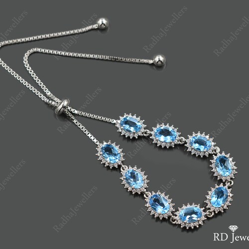 Natural Swiss Blue Topaz Bracelet, 925 Sterling Silver, Tie Adjustable Bracelet, December Birthstone, shops Gemstone Bracelet, Wedding Bracelet
