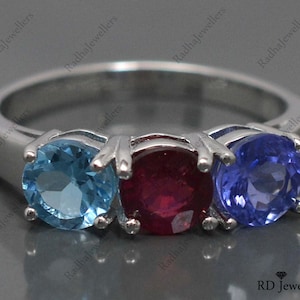 Natural Tanzanite Ruby & Swiss Blue Topaz Ring\ 925 Sterling Silver\ Three Stone Ring\ Cluster Ring\ Multi Color Stone Ring\ Statement Ring