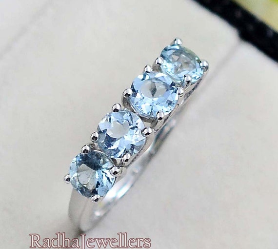 Bague Éternité En Argent 925 Avec Aigue-Marine - Pierre Bleue Lab-Created - Taille 7