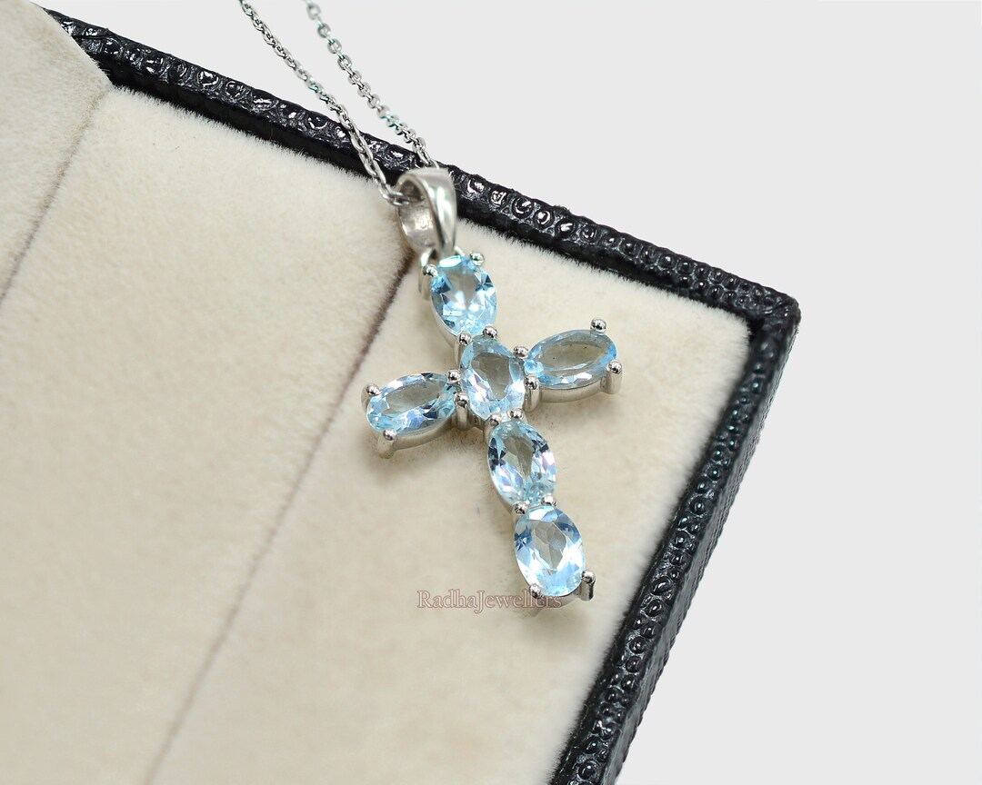 thumbnail image 2 of Larimar Cross Necklace In Gold Plated 925 Sterling Silver - George Art Jewels 2 of 14