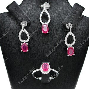 Natural Ruby Jewelry Set, 925 Sterling Silver, Ruby Earrings Pendant Ring Set, July Birthstone, Gift For Women, Gift For Her, Birthday Gift