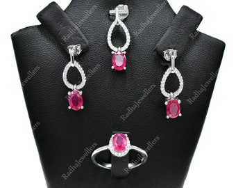Natural Ruby Jewelry Set, 925 Sterling Silver, Ruby Earrings Pendant Ring Set, July Birthstone, Gift For Women, Gift For Her, Birthday Gift