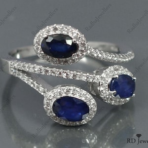 Natural Sapphire Ring, Blue Sapphire Jewelry, 925 Silver Ring, September Birthstone Ring, Statement Ring, Three Stone Ring, Engagement Ring