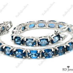 925 Sterling Silver, Natural London Blue Topaz, December Birthstone, Tennis Bracelet, Gemstone Bracelet, Christmas Gift, Wedding Bracelet