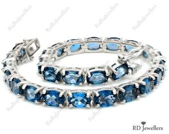 925 Sterling Silver, Natural London Blue Topaz, December Birthstone, Tennis Bracelet, Gemstone Bracelet, Christmas Gift, Wedding Bracelet