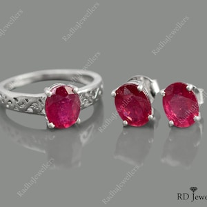 Pink Natural Ruby\ 925 Sterling Silver\ July Birthstone\ Ruby Jewelry\ Designers Stud Ring Party Set\ New Bridal Jewelry Set\ Christmas Gift