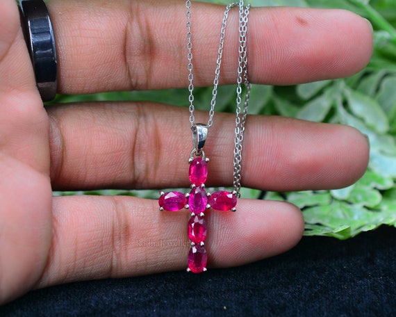 Natural Ruby Holy Cross Pendant Necklace 925 Sterling Silver