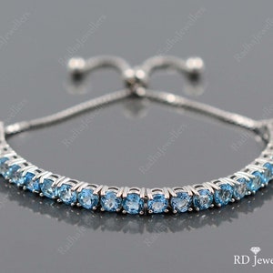 4 MM Round Cut Natural Swiss Blue Topaz Bracelet, 925 Sterling Silver, Tie Bracelet, December Birthstone, Adjustable Chain, Gift For Her