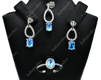 925 Sterling Silver, Natural Swiss Blue Topaz Jewelry Set, Blue Topaz Earrings, Blue Topaz Pendant, Blue Topaz Earrings, December Birthstone