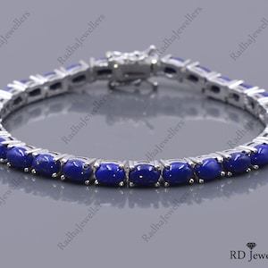 925 Sterling Silver\ Natural Lapis Lazuli Bracelet\ Tennis Bracelet\ Cabochon Bracelet\ September Birthstone\ Valentines Gift\ Gift For Her