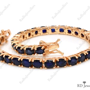 Natural Sapphire Bracelet, Tennis Bracelet, 925 Sterling Silver, Sapphire Jewelry, 14k Rose Plating Bracelet, Wedding Jewelry, Gift For Her
