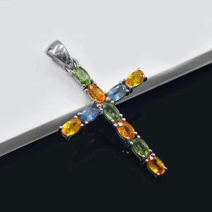 Natural Multi Color Tourmaline Pendant Necklace, 925 Sterling Silver, Holy Cross Pendant, October Birthstone, Women Pendant, Gift For Her