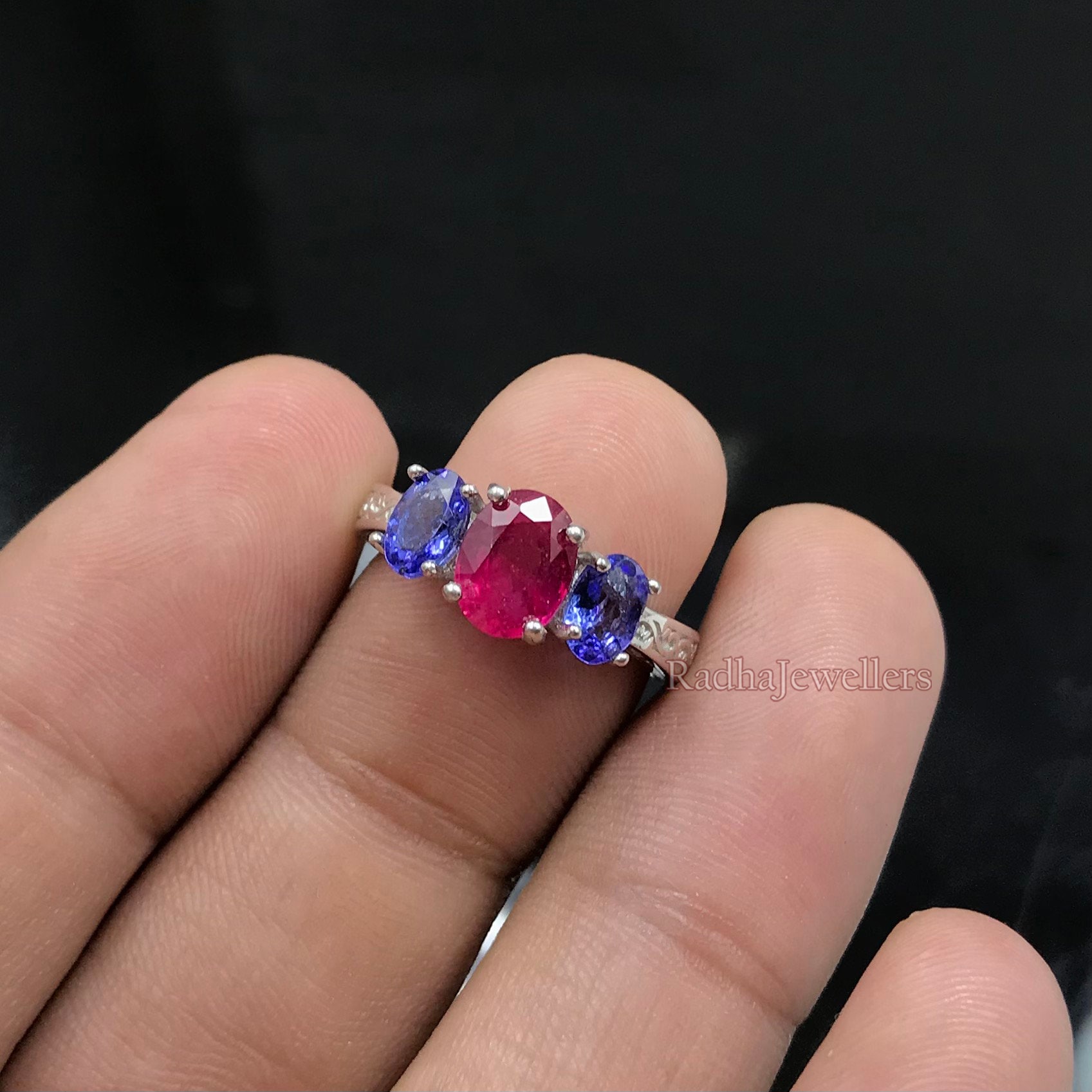 Natural Ruby & Tanzanite Ring, 925 Sterling Silver, Three Stone