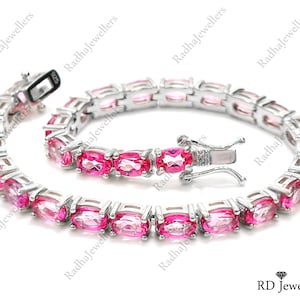 Natural Pink Topaz Bracelet in 925 Sterling Silver, Tennis Bracelet, Line Bracelet, Oval Cut Pink Topaz, Gemstone Bracelet, Gift For Her