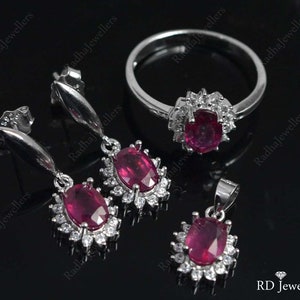 Natural Ruby Gemstone Jewelry Set, 925 Silver Jewelry Set, Ruby Jewelry, Birthstone Jewelry Set, Ruby Ring Earring Necklace Jewelry Set