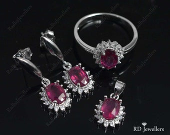 Natürlicher Rubin Edelstein Schmuckset, 925 Silber Schmuckset, Rubin Schmuck, Birthstone Schmuckset, Rubin Ring Ohrring Halskette Schmuckset