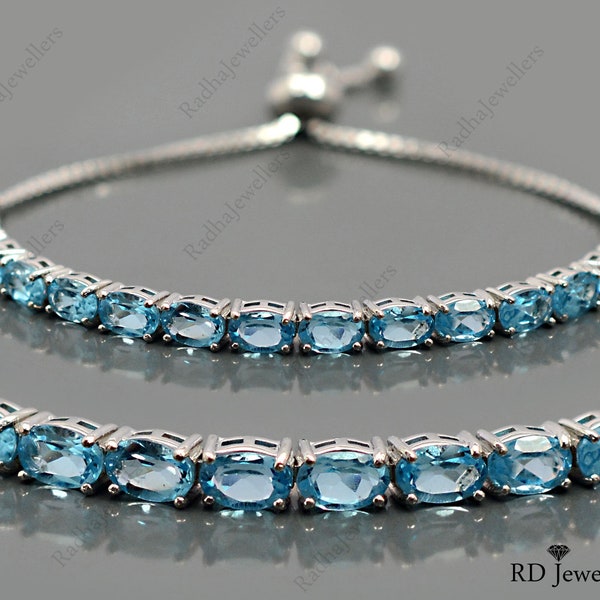 Natural Swiss Blue Topaz Bracelet\ 925 Sterling Silver\ Adjustable Bolo Bracelet\ December Birthstone\ Gemstone Bracelet\ Christmas Gift