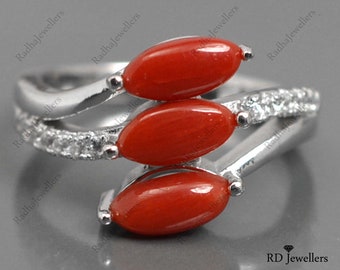 Natural Coral Gemstone Ring, 925 Silver Ring, Coral Jewelry, May Birthstone Ring,  Ring, Gift For Her, Engagement Ring, Love Ring