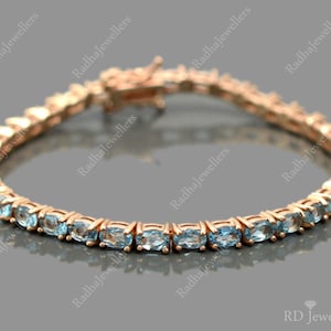 Natural Swiss Blue Topaz Bracelet, 925 Sterling Silver Bracelet, Tennis Bracelet, November Birthstone, 14K Rose Gold  Vermeil, Gift For Her