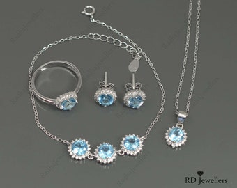 Natural Swiss Blue Topaz\ 925 Solid Silver\ December Birthstone\ Topaz Jewelry\ Earring Ring Pendant Necklace Bracelet\ Women Jewelry Set