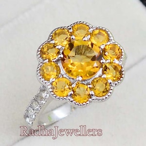 Natural Citrine Ring, 925 Sterling Silver, Cluster Ring, Engagement Ring, November Birthstone, Yellow Citrine Jewelry, Anniversary Gift