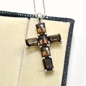 Natural Smoky Quartz Cross Pendant Necklace, 925 Sterling Silver, June Birthstone, Holy Cross Pendant, Smoky Quartz Jewelry, Gift for her