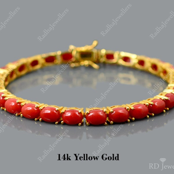 Natural Coral Bracelet, 925 Sterling Silver, Italian Coral Bracelet, 14K Rose Gold Plating, Tennis Bracelet, Red Coral Jewelry, Gift For Her