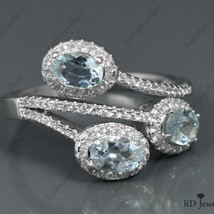 6x4 MM Natural Aquamarine Ring, 925 Sterling Silver, Three Stone Ring, March Birthstone, Aquamarine Jewelry, Anniversary Gift, Gift For Her